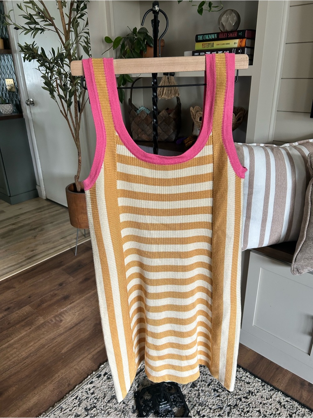 Striped Knit Sweater Dress in Mustard, Cream & Pink Trim